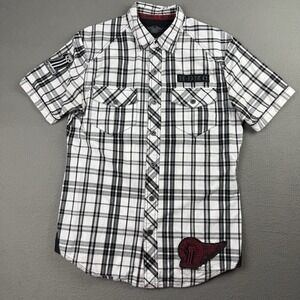 Harley-Davidson Shirt Mens Medium White Black Plaid Pearl Snap‎ Y2K Biker Grunge